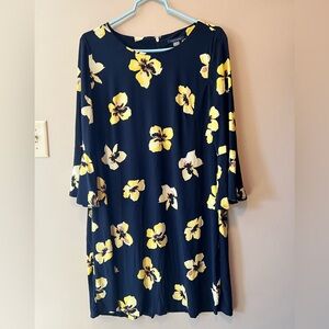 Tommy Hilfiger size 14 navy with yellow flowers shift dress with 3/4 bell sleeve